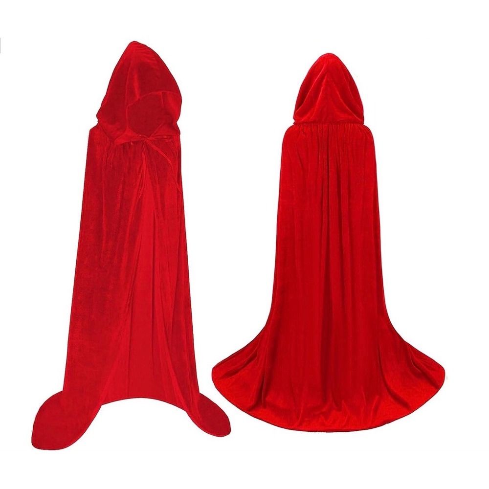 Red Velvet Hooded Cloak Full Length Costume Cape Little Red Riding Hood Cosplay